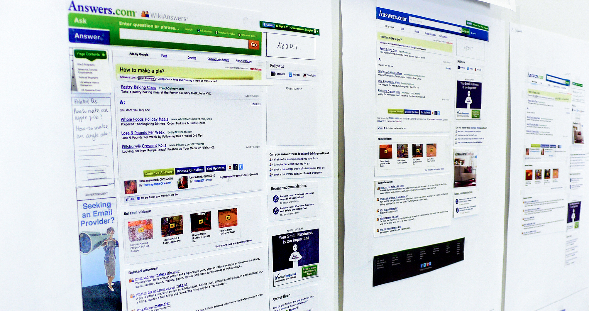 Answer.com's visitors want to be able to see the answers they searched for right away, and the Answer.com's customers, the advertiser's needs in showing their ads in areas that visitor can see prominently. To find a balance for this dynamic, I printed out Answers.com current answer page,  cut out the individual must-have elements, and rearranged the elements base on the importance hierarchy. Here is the image of the printed page collage. 